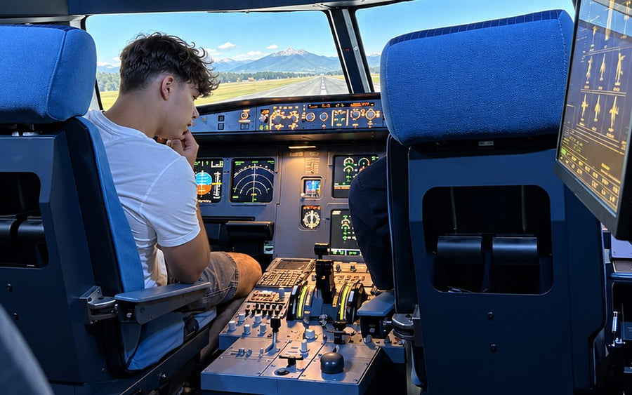 Gast im Cockpit des Simulators